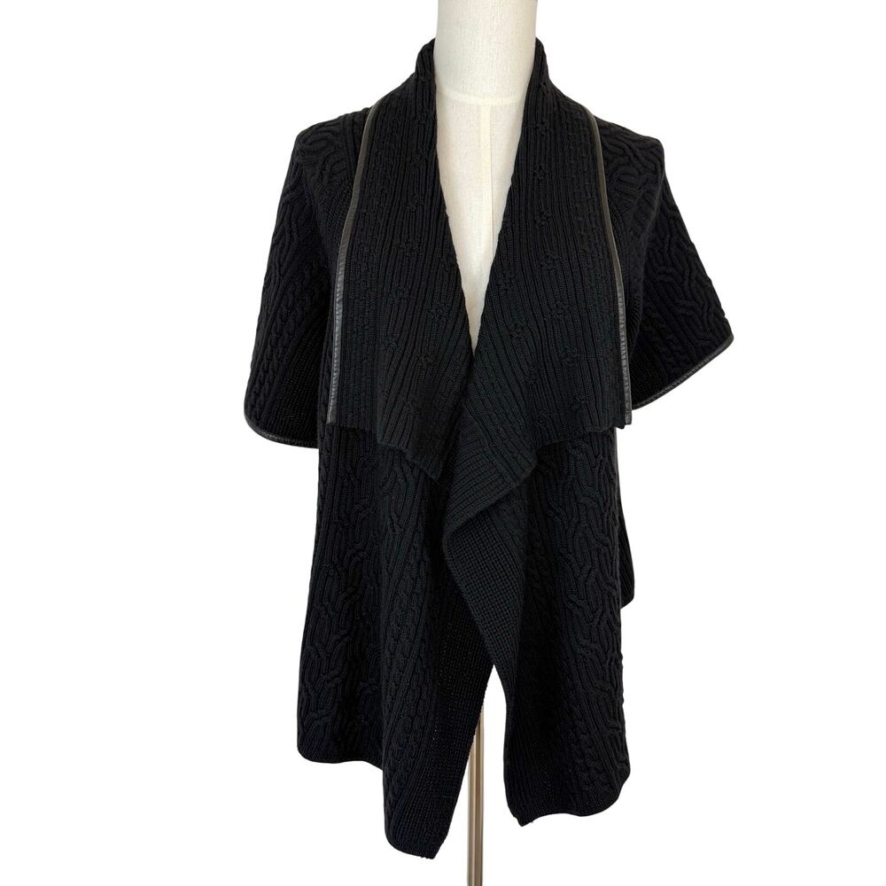 St. John Chunky Cable Knit Ribbed Cardigan Sweater Wool Leather Trim Black L